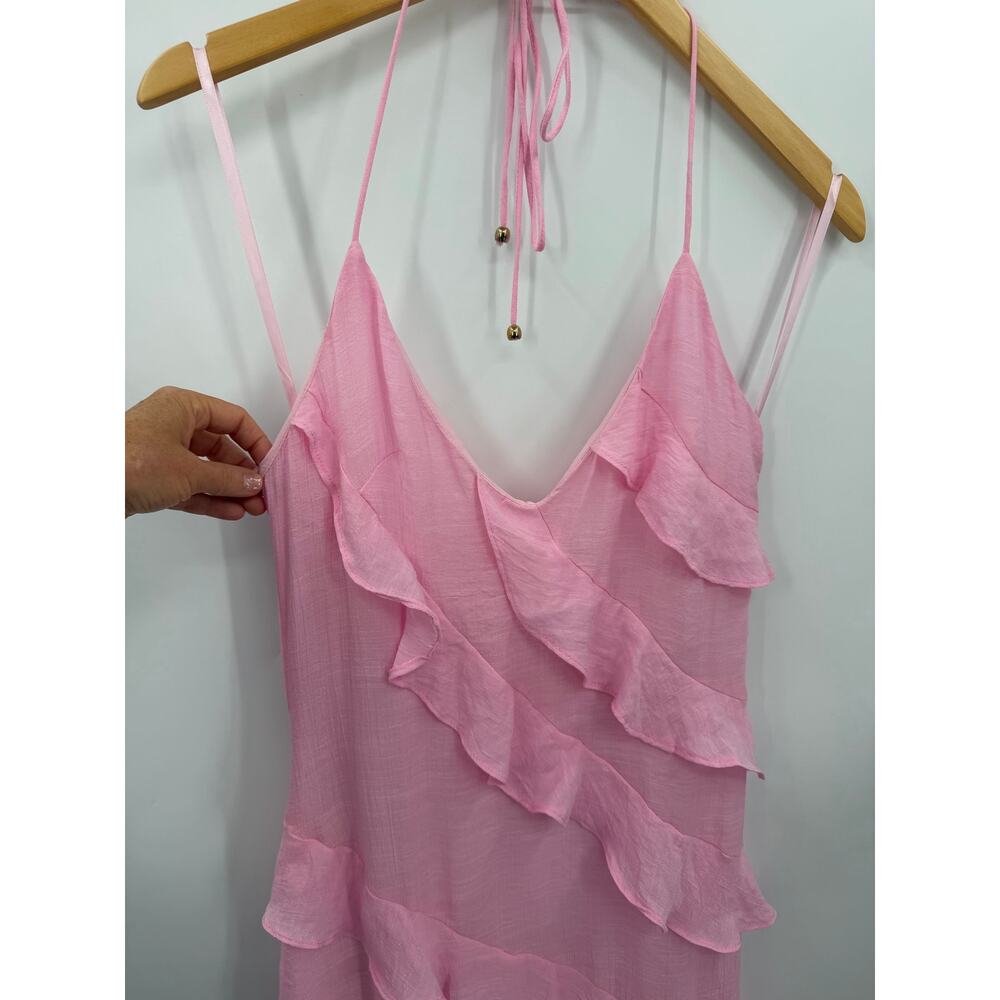 Here Comes The Sun Pink Ruffle Maxi Dress Cascading Ruffle Halter Neck Small NWT - Picture 3 of 8